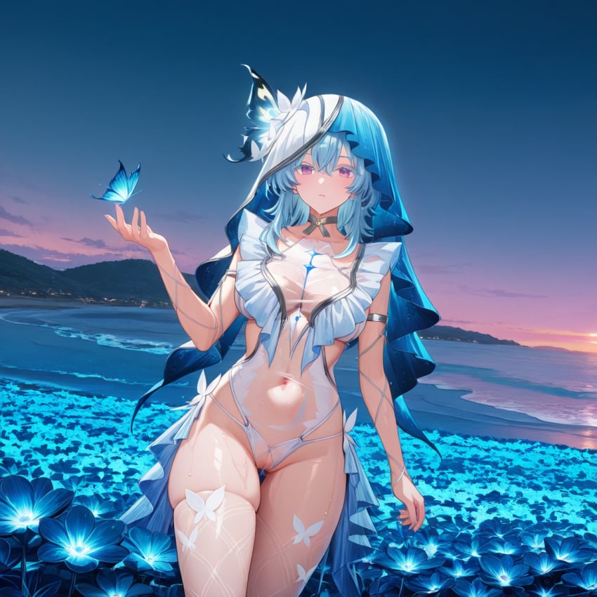 ai_generated belly_button bikini blue_hair purple_eyes shorekeeper_(wuthering_waves) the_shorekeeper_(wuthering_waves) visible_pussy wuthering_waves