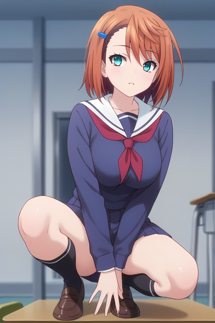 ai_generated aqua_eyes bangs bare_legs black_legwear black_socks blue_eyes blue_serafuku blue_shirt blue_skirt blurry blurry_background blush breasts brown_footwear brown_hair classroom clothing desk female footwear full_body green_eyes hair_ornament hairclip indoors kneehighs knees large_breasts legs legwear loafers long_sleeves looking_at_viewer miyazaki_chisaki neckerchief neckwear orange_hair parted_lips pleated_skirt red_neckerchief red_neckwear sailor_collar school_desk school_uniform serafuku shirt shoes short_hair sitting skirt slip-on_shoes socks solo squatting student teen teen_girl teenage teenage_girl teenager thighs uniform white_sailor_collar yuragisou_no_yuuna-san yuuna_and_the_haunted_hot_springs