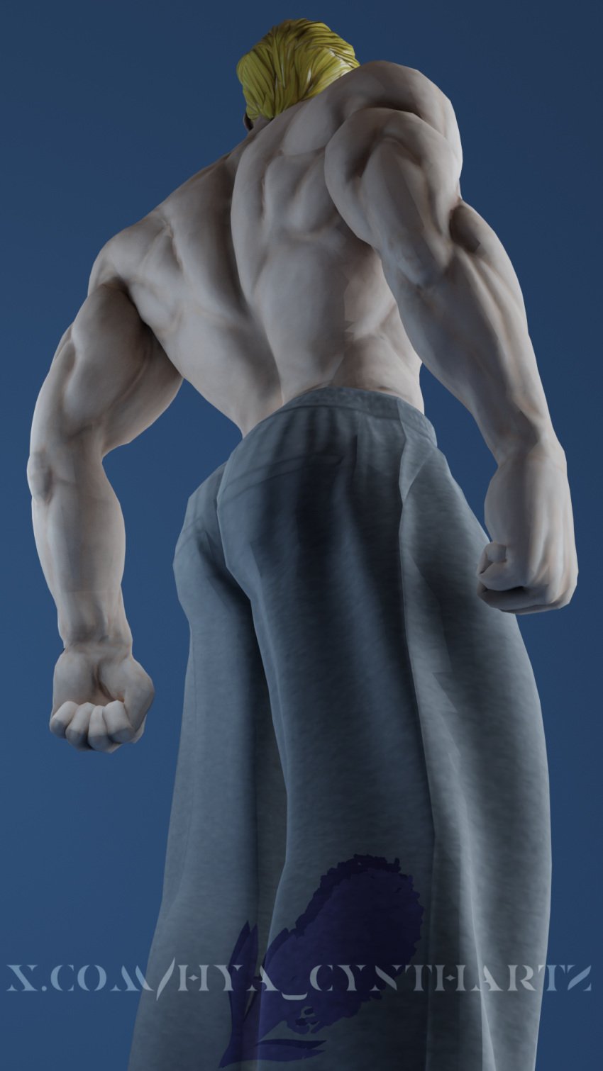 1boy 3d abs bara biceps blonde_hair bulge ed_(street_fighter) grey_sweatpants hyacynth_(artist) male_focus male_only muscular_male nude pecs solo_male street_fighter street_fighter_v