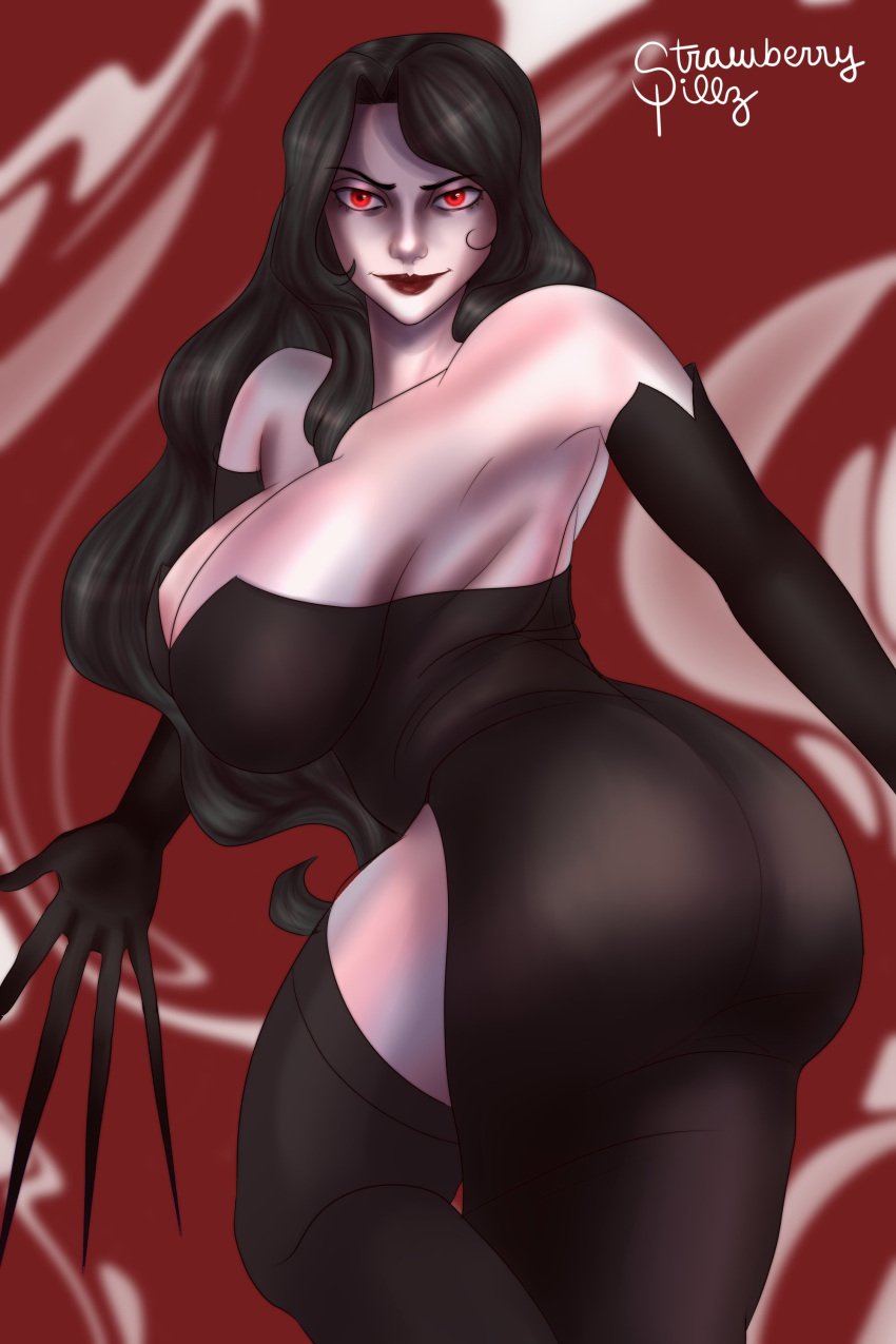 1girls alternate_version_available big_breasts black_dress black_hair dress female female_focus female_only fullmetal_alchemist fullmetal_alchemist_brotherhood homunculus huge_breasts long_hair looking_at_viewer lust_(fullmetal_alchemist) pale-skinned_female pale_skin red_eyes strawberrypillz thick_thighs