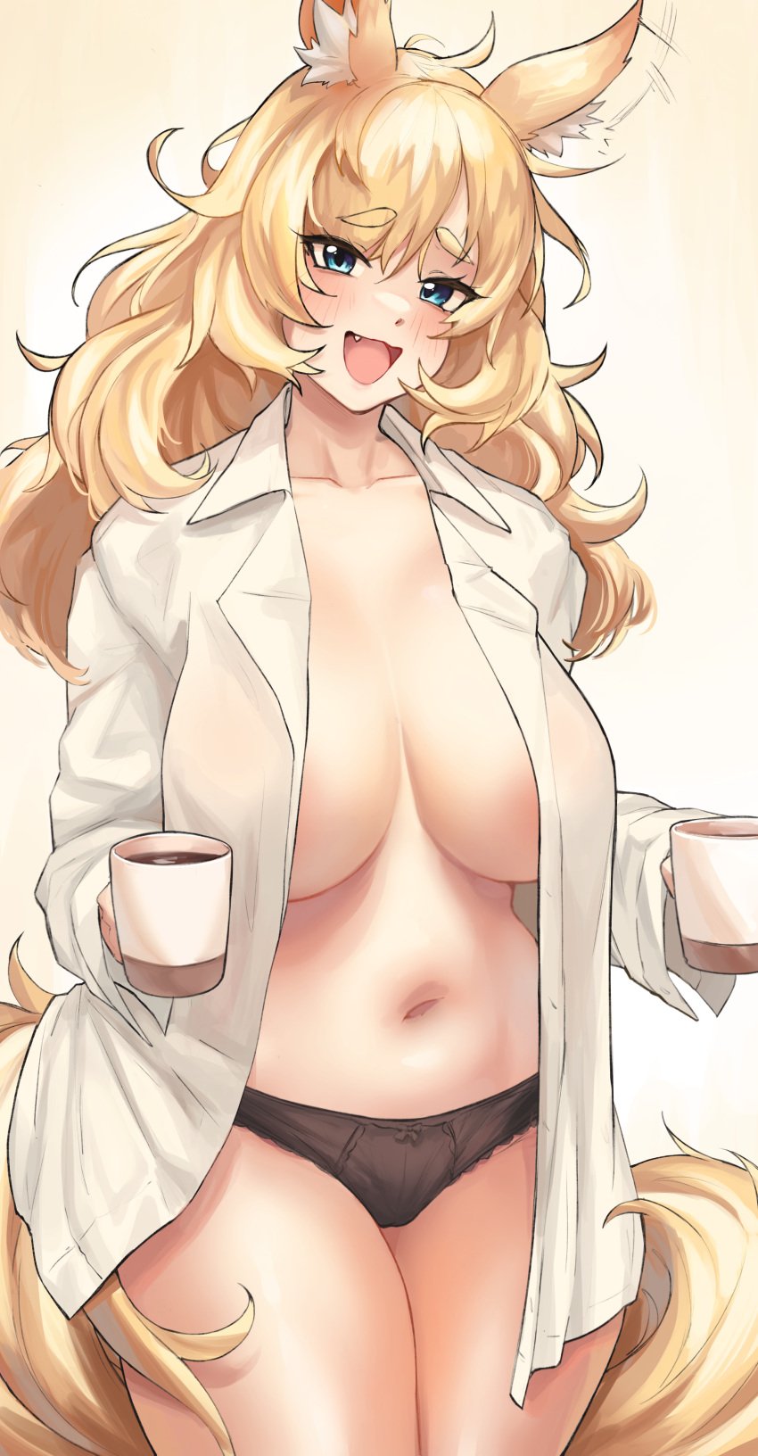 1girls animal_ears arknights belly belly_button big_breasts black_panties blonde_hair blue_eyes blush breasts cleavage coffee_mug collarbone ears_up eyelashes fangs female female_only fluffy_tail hair_down head_tilt hips horse_ears horse_tail kemonomimi large_breasts light-skinned_female light_skin long_hair looking_at_viewer mature_female messy_hair milf morning navel no_bra nose open_clothes open_mouth open_shirt open_smile panties radioneet sagging_breasts shirt smile soft_belly solo standing stomach tail thick_eyebrows thick_thighs thigh thighs waist whislash_(arknights) white_shirt wide_hips wide_smile