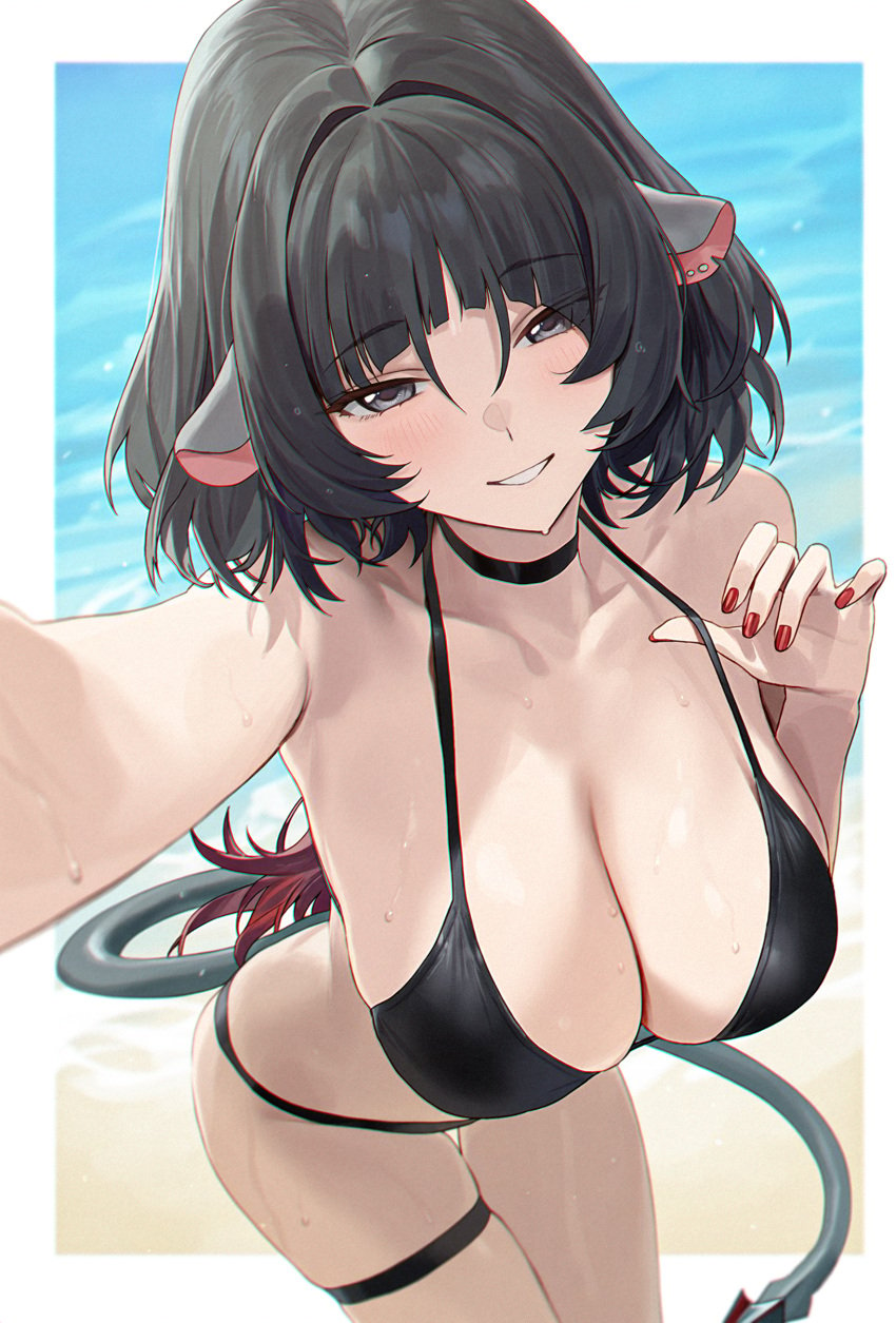 black_hair blush breasts choker cleavage ear_piercing earanimal_humanoid grey_eyes jane_doe_(zenless_zone_zero) large_breasts looking_at_viewer milf rat rat_ears rat_girl seductive seductive_look seductive_smile selfie smile tail wet zenless_zone_zero