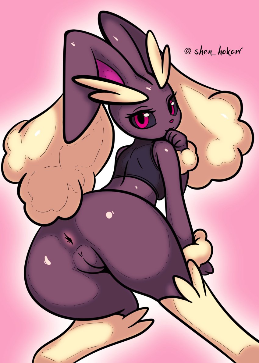 anus ass brown_body brown_fur bunny_ears clothing generation_4_pokemon looking_at_viewer looking_back_at_viewer lopunny nintendo pink_eyes pokemon pokemon_(species) pussy shen_hokori thick_thighs