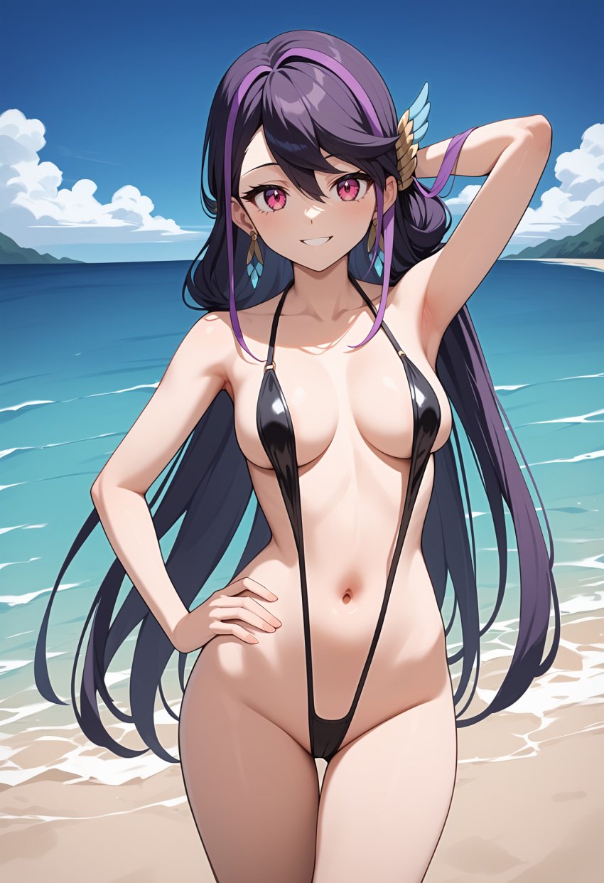 ai_generated beach blush earrings female h_madoka hi_res kurosaki_ruri looking_at_viewer lulu_obsidian micro_bikini navel one_arm_up open_mouth pose purple_hair red_eyes sling_bikini smile solo teenager yu-gi-oh! yu-gi-oh!_arc-v