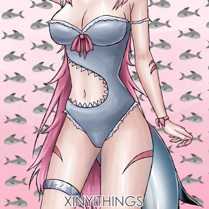 1girls belly_button big_breasts blacktip_shark bow breasts clothed clothed_female color hip_bones hips light-skinned_female light_skin long_hair pink_bow pink_hair pink_nails shark_girl shark_tail sharp_nails simple_background solo_female swimsuit thighs tummy vtuber xinyithings