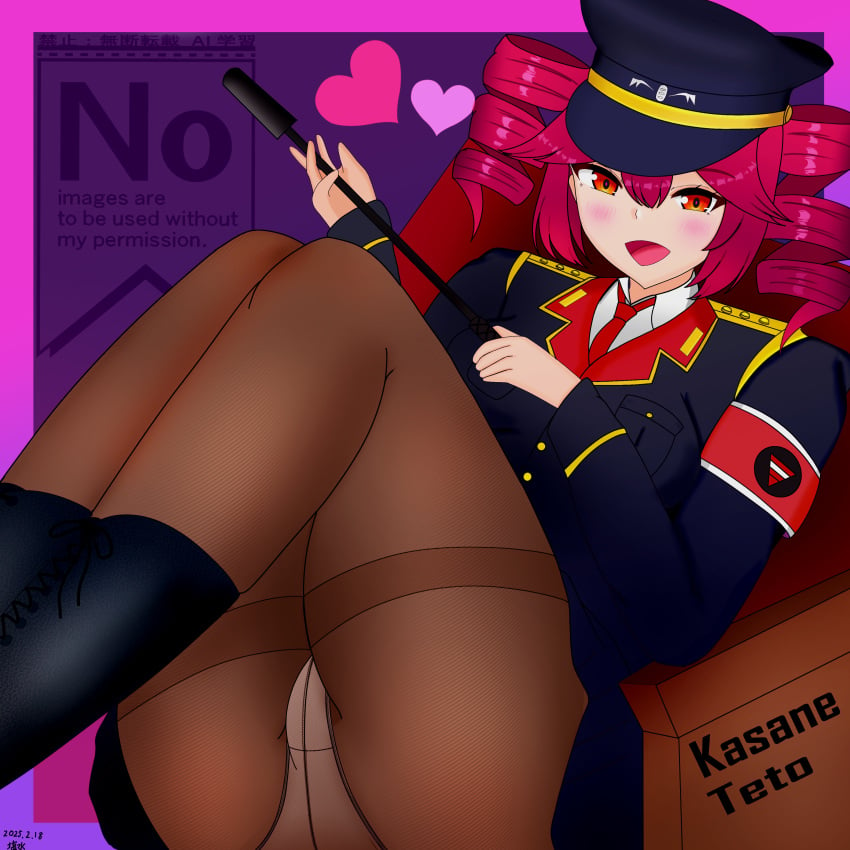 1girls 2d 2d_(artwork) artist_request boots clothed clothing female female_only hat heart heart_symbol kasane_teto legs legwear military_uniform panties panties_under_pantyhose panties_visible_through_clothing pantyhose red_eyes red_hair solo solo_female stockings thick_thighs thighs tights twin_drills utau