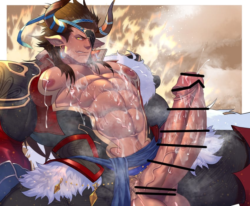 after_orgasm animal_ears balls bara big_balls big_penis boner censored_penis cow_ears cum draph erection firenzesaika granblue_fantasy horns huge_cock male male_only muscles muscular musk penis penis_out reinhardtzar solo solo_male