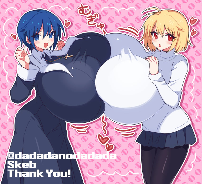 2girls ahoge arcueid_brunestud artist_name ass big_breasts blonde_hair blue_eyes blue_hair blue_skirt blush breast_bigger_than_head breast_docking breast_expansion breast_focus breast_squeeze breasts_bigger_than_body breasts_bigger_than_head breasts_bigger_than_torso ciel_(tsukihime) cross_necklace curvy curvy_figure dadadanoda docking dress enormous_breasts expansion gigantic_breasts girls_only happy heart heart_symbol huge_breasts hyper hyper_boobs hyper_breasts large_breasts looking_at_viewer necklace nun nun_outfit pantyhose pressing_breast_on_partner pressing_breasts pressing_breasts_together red_eyes short_hair skirt smile sweater thick_thighs tsukihime tsukihime_(remake) turtleneck_sweater white_sweater wide_hips