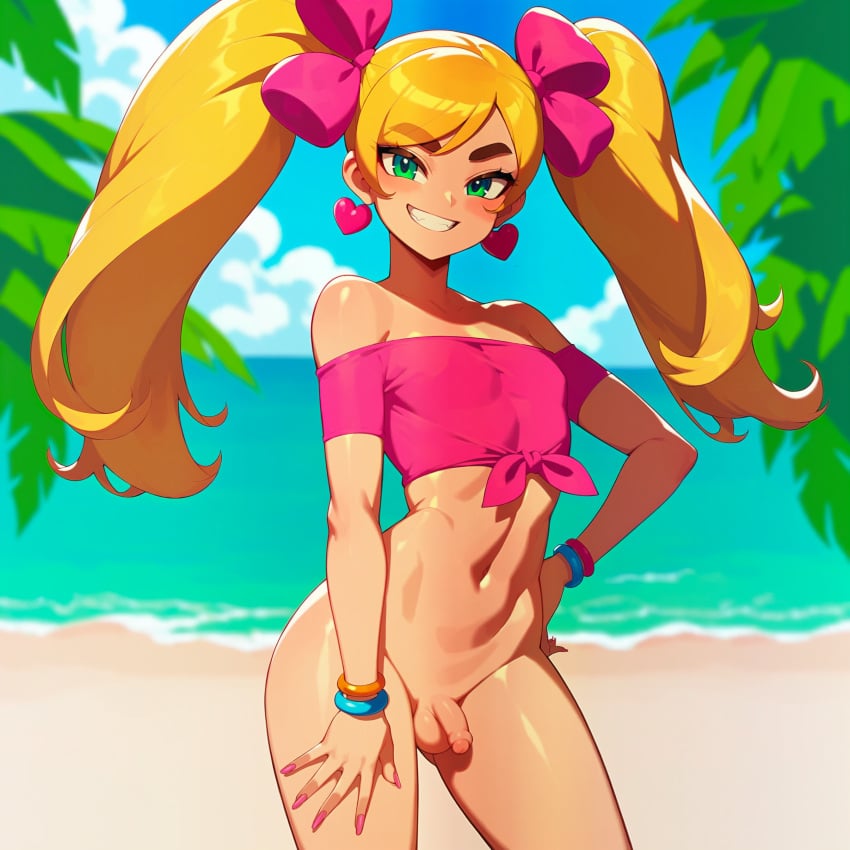 1boy 1femboy ai_generated bangs beach blonde_hair bottomless bracelet earrings fangs femboy flaccid green_eyes grin grinning grinning_at_viewer hand_on_hip heart_earrings long_hair long_nails long_twintails looking_at_viewer male_only nail_polish nails neuai ocean oerba_yun_fang original otoko_no_ko otokonoko penis pink_shirt ribbon shoulderless_shirt small_penis smile smiling smiling_at_viewer solo stable_diffusion thick_eyebrows tied_shirt twintails uncircumcised uncut