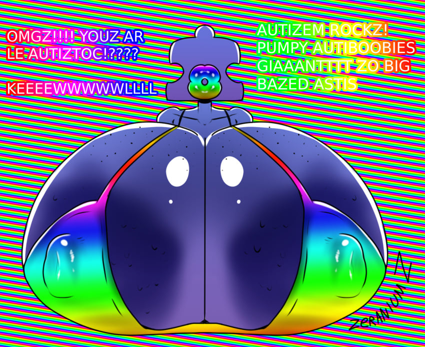 autism autism_kink autism_speaks bikini_top bimbo_lips bimbofied brainrot bright_colors colorful cringe gigantic_breasts huge_breasts lips nipples_visible_through_clothing puzzle puzzle_piece rainbow tagme text what zeraniumz