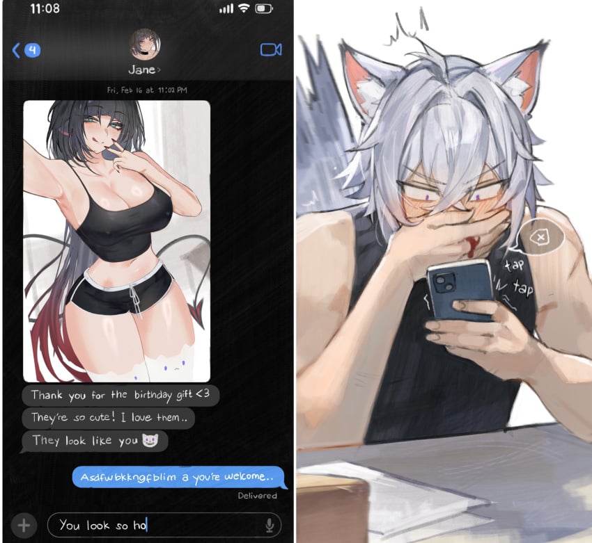 1boy 1girls animal_ears black_hair blue_eyes breasts chat_box chat_log couple covering_mouth english_text female hi_res jane_doe_(zenless_zone_zero) large_breasts male midriff nosebleed panties phone photo selfie seth_lowell sexting shorts smile tank_top teasing texting thick thick_thighs white_hair wholesome zenless_zone_zero