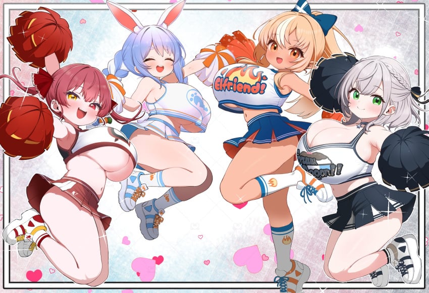 4girls :d alternate_breast_size alternate_costume animal_ears armpits blonde_hair blue_footwear blue_hair blush bow braid breasts carrot_hair_ornament cheerleader cleavage closed_eyes crop_top dark-skinned_female dark_elf dark_skin elf food-themed_hair_ornament full_body green_eyes grey_hair hair_ornament hair_ribbon hairbow heterochromia highres hololive hololive_fantasy houshou_marine huge_breasts jumping kani_bonara long_hair looking_at_viewer midriff miniskirt multicolored_hair multiple_girls navel open_mouth pleated_skirt pointy_ears pom_pom_(cheerleading) ponytail rabbit_ears red_eyes red_hair ribbon shiranui_flare shirogane_noel shoes short_hair skindentation skirt smile sneakers socks sports_bra streaked_hair thighs twin_braids twintails two-tone_hair underboob underwear usada_pekora virtual_youtuber white_hair yellow_eyes