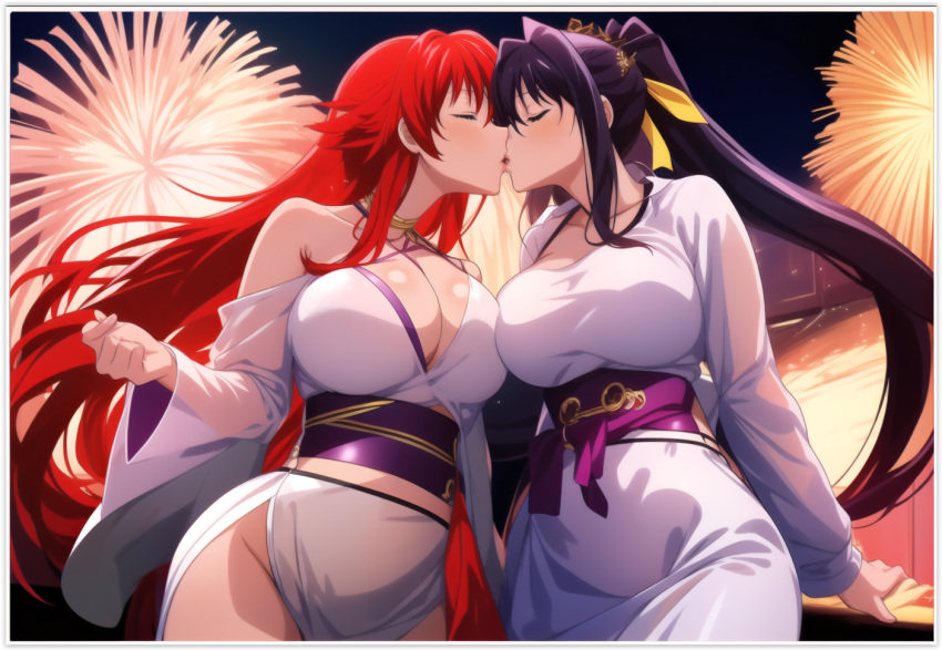 2girls ai_generated akeno_himejima female flirting girl_on_girl high_school_dxd kissing lesbian_couple lesbian_kiss lovers rias_gremory yuri