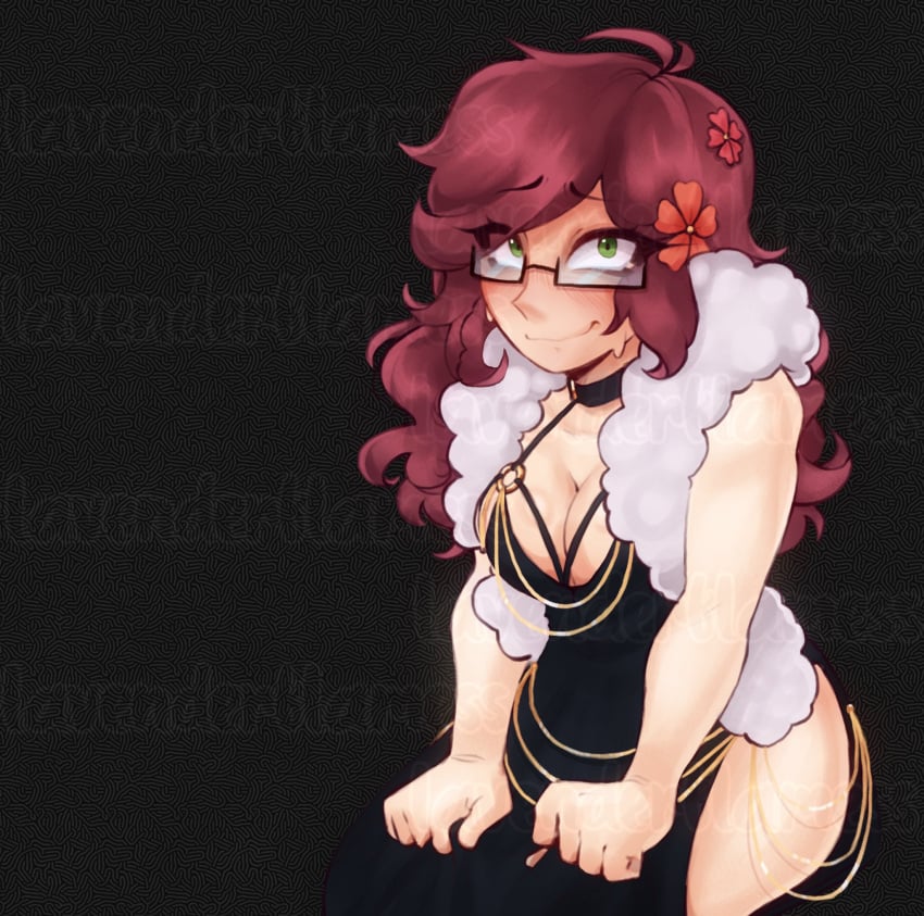 1girls 2d 2d_(artwork) ahoge breasts cleavage dress_lift female female_only glasses green_eyes lavenderflamess long_hair looking_at_viewer original_character someone_else's_oc thick_thighs thighs twitter watermark