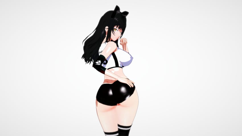 1girls black_hair black_hair_female blake_belladonna bow clothed_female gym_clothes gym_clothing gym_shorts gym_uniform hand_on_butt long_hair long_hair_female looking_back nakadashi_(artist) rwby solo_female yellow_eyes