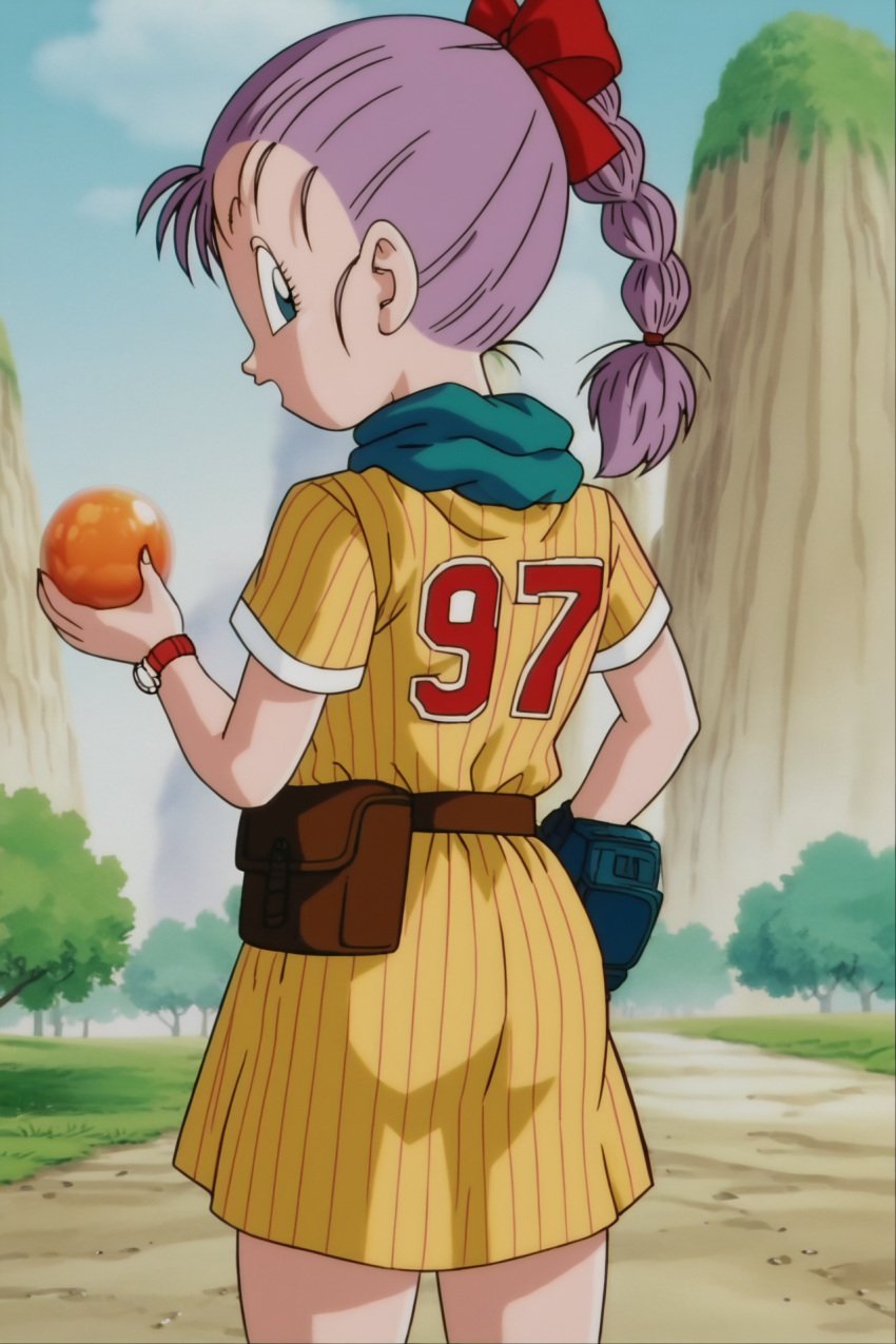 1girl ai-created ai_generated ass backpack bag bangs belt blue_eyes blue_sky bow braid braided_ponytail bulma_(dragon_ball) bulma_briefs clothing cloud contentious_content day dragon_ball dragon_ball:_the_path_to_power dragon_ball_(classic) dragon_ball_the_path_to_power dress female food from_behind gloves hair_bow hair_ornament hair_ribbon high_resolution holding holding_object legs limited_visibility looking_at_viewer looking_back open_mouth outdoors ponytail purple_hair red_ribbon ribbon scarf shirt short_hair short_sleeves single_braid skirt sky smile solo standing striped striped_dress teen teen_girl teenage teenage_girl teenager tied_hair tree watch wristwatch yellow_dress