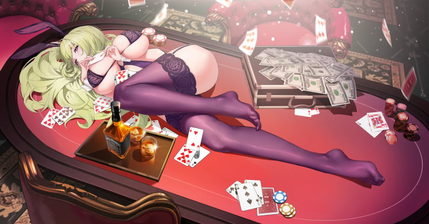 absurdres ace_(playing_card) ace_of_clubs ace_of_diamonds ace_of_spades animal_ears ass azur_lane banknote barefoot breasts briefcase card carpet chair club_(shape) diamond_(shape) dollar_bill eight_of_hearts fake_animal_ears feet female five_of_clubs floating_card four_of_hearts full_body garter_belt garter_straps green_hair highres holding holding_card huge_breasts hundred_dollar_bill ice ice_cube indoors jack_daniel's king_(playing_card) king_of_hearts_(playing_card) leotard long_hair long_legs looking_at_viewer lying money money_bag napoli_(azur_lane) napoli_(dreamy_night)_(azur_lane) nine_of_clubs nine_of_hearts no_shoes nontraditional_playboy_bunny official_alternate_costume on_side on_table playboy_bunny playing_card poker_chip poker_table purple_leotard rabbit_ears red_eyes shiran1024 six_of_diamonds six_of_hearts six_of_spades solo spade_(shape) table ten_of_hearts ten_of_spades thighhighs three_of_spades two_of_hearts very_long_hair white_wrist_cuffs wrist_cuffs