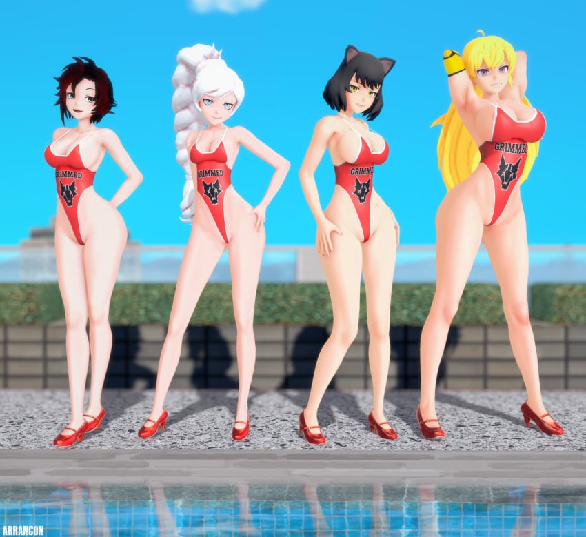 4girls arrancon black_hair black_hair_female blake_belladonna blonde_female blonde_hair blue_eyes cat_ears cleavage different_breast_sizes hands_above_head hands_behind_back hands_on_hips long_hair long_hair_female one-piece_swimsuit pool poolside pose posing purple_eyes red_highlights robotic_arm ruby_rose rwby sideboob silver_eyes swimsuit take_your_pick weiss_schnee white_hair white_hair_female yang_xiao_long yellow_eyes