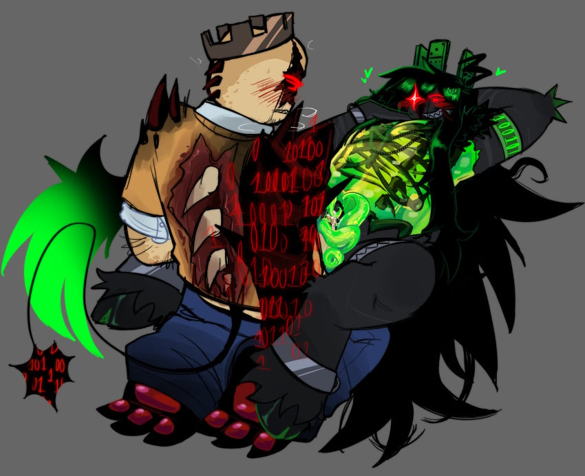 1x1x1x1 bigolraccoon binary_code black_body black_hair black_spikes crown facial_hair fluffy_tail forsaken_(roblox) hooves john_doe_(forsaken) john_doe_(roblox) male male/male pawpads red_eyes roblox roblox_game roblox_hacker robloxian tagme tentacle_dick visible_skeleton yellow_shirt yellow_skin