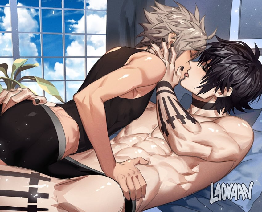 2boys abs almost_naked black_hair blush choker closed_eyes darius_(laosmut) kissing laosmut laovaan lifting_shirt muscular_male on_bed original original_characters painted_nails silver_hair tagme tattoo underwear underwear_only vince_(laosmut)