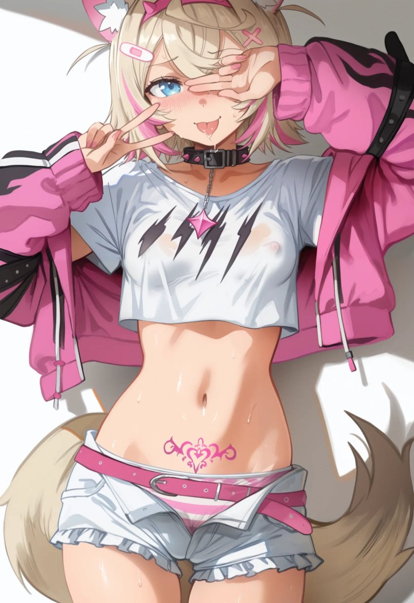 2d ai_generated animal_collar animal_ear_fluff animal_ears bandaid bandaid_hair_ornament blonde_hair blue_eyes collar covered_nipples covering_eyes crop_top cropped_shirt crossed_bangs detached_sleeves dog_ears dog_girl dog_tail double-parted_bangs fake_horns hi_res hololive hololive_english icosilveraiart jacket mococo_abyssgard open_clothes open_shorts panties perky_breasts pink_hair pink_hairband pink_jacket pubic_tattoo self_upload shirt short_hair short_shorts shorts striped_panties tagme tongue tongue_out two_side_up underwear virtual_youtuber vtuber