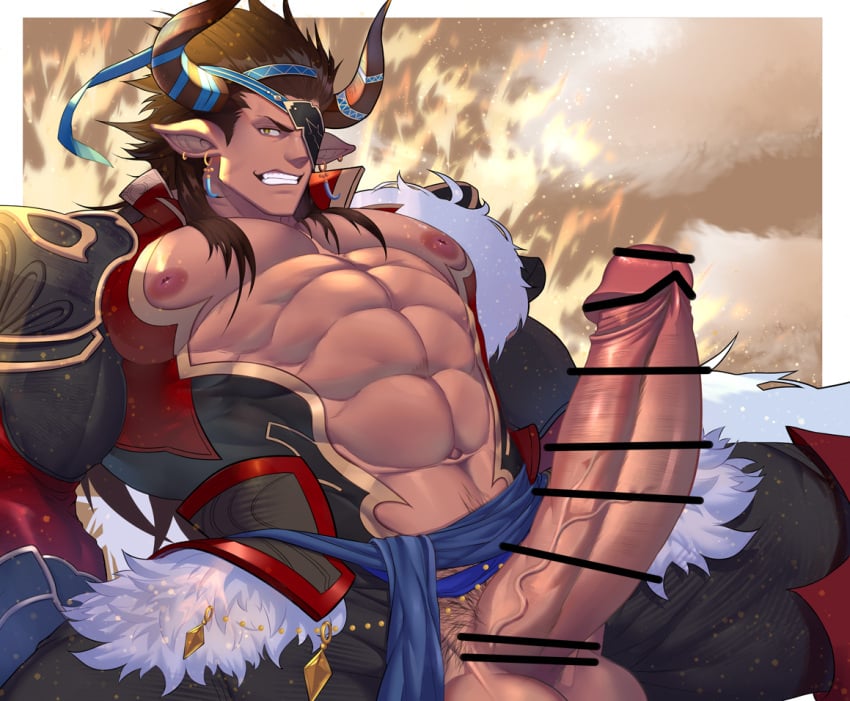 animal_ears balls bara big_balls big_penis boner censored_penis cow_ears draph erection firenzesaika granblue_fantasy horns huge_cock male male_only muscles muscular penis penis_out reinhardtzar solo solo_male