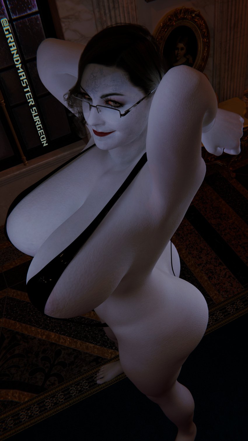 3d alcina_dimitrescu arms_behind_head glasses grandmastersurgeon looking_at_viewer resident_evil resident_evil_8:_village sling_bikini slingshot_swimsuit