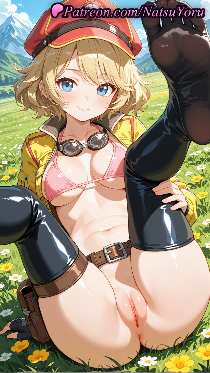 1girls 2025 ai ai_assisted ai_generated anime anime_style anus arm_support ass asshole bangs belt belt_pouch bikini bikini_top_only black_gloves black_thighhighs blonde_hair blue_eyes blue_sky blush bottomless breasts brown_belt bust busty cindy_aurum cleavage cleft_of_venus closed_mouth cloud collarbone cropped_jacket day feet female female_focus female_only field final_fantasy final_fantasy_xv fingerless_gloves flower flower_field foot_fetish foot_focus gloves goggles goggles_around_neck grass hat hentai hi_res high_quality high_resolution highres jacket juicy_butt labia leg_up legs legs_up long_sleeves looking_at_viewer makeup meadow medium_breasts mountain mountainous_horizon natsuyoru navel no_panties no_shoes non-asian open_clothes open_jacket outdoors paipan patreon pink_bikini pouch pussy pussy_lips pussy_peek red_headwear shiny short_hair sitting sky smile soles solo solo_female spread_legs stable_diffusion stomach string_bikini swimsuit thighhighs thighs toes uncensored underboob vagina voluptuous voluptuous_female vulva white_flower yellow_flower yellow_jacket