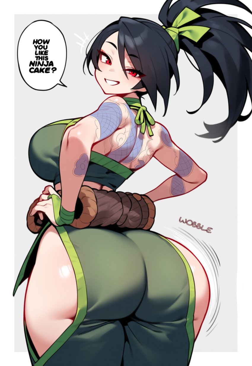 1girls ai_generated akali arm_tattoo ass back_tattoo black_hair caked_up dat_ass dumptruck_ass green_clothing hip_vent huge_ass human_only jiggling_ass large_ass league_of_legends looking_at_viewer looking_back nai_diffusion ninja ninja_girl ninja_mask ponytail red_eyes riot_games smile solo speech_bubble stable_diffusion tattoo text wobble wobbling_ass