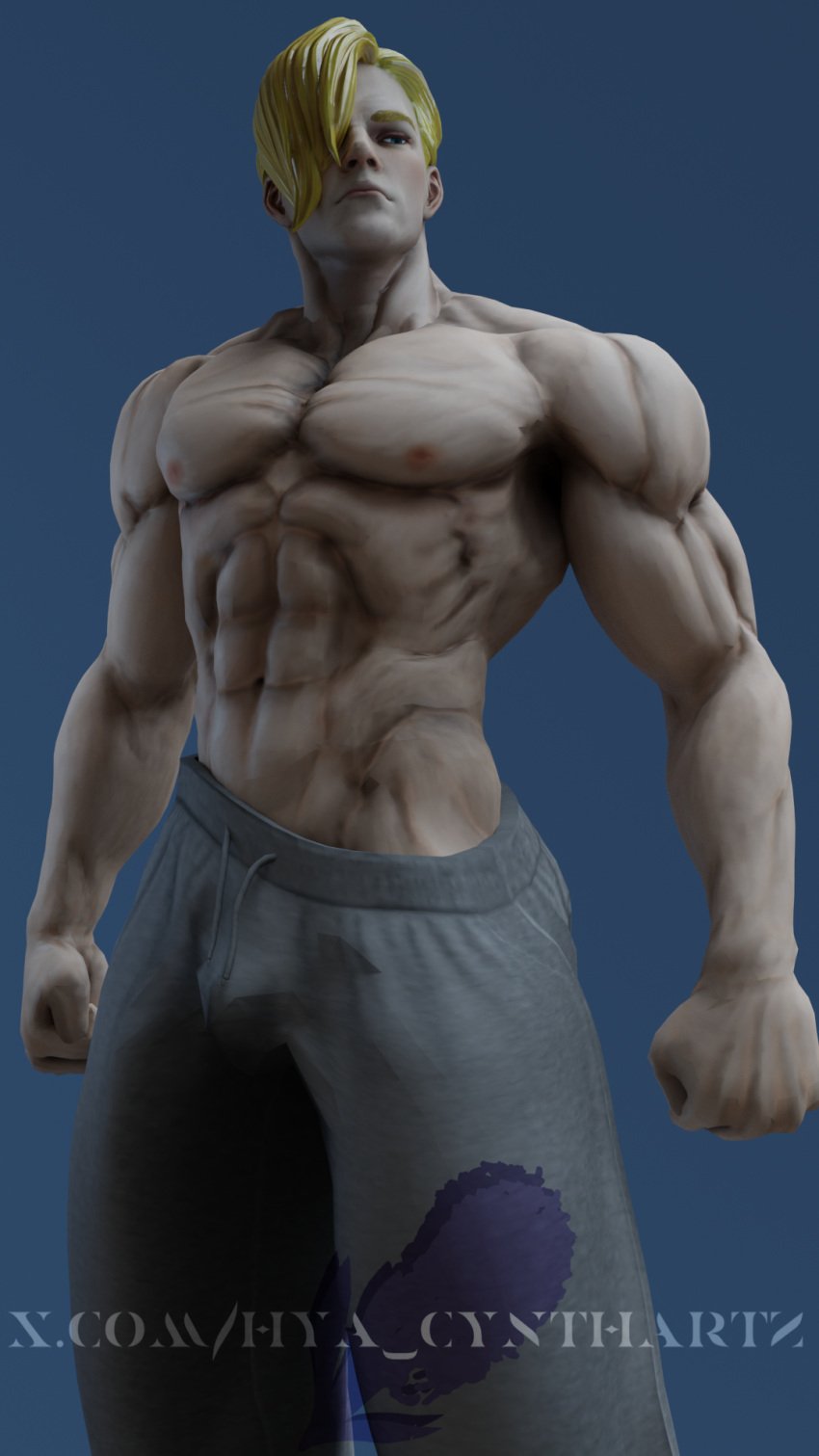 1boy 3d abs bara biceps blonde_hair bulge ed_(street_fighter) grey_sweatpants hyacynth_(artist) male_focus male_only muscular_male nude pecs solo_male street_fighter street_fighter_v