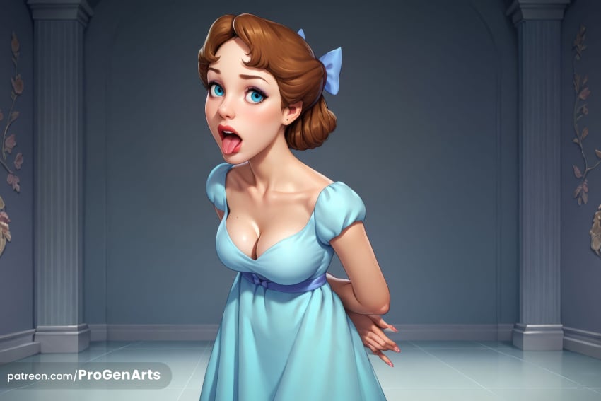 1girls ai_generated arms_behind_back blue_bow blue_dress blue_eyes bow breasts brown_hair cleavage collarbone disney dress hairbow hi_res lips looking_at_viewer makeup medium_breasts mole mole_on_breast open_mouth oral_invitation patreon_username peter_pan peter_pan_(disney) progenarts puffy_short_sleeves puffy_sleeves saliva short_sleeves solo tongue tongue_out watermark web_address wendy_darling