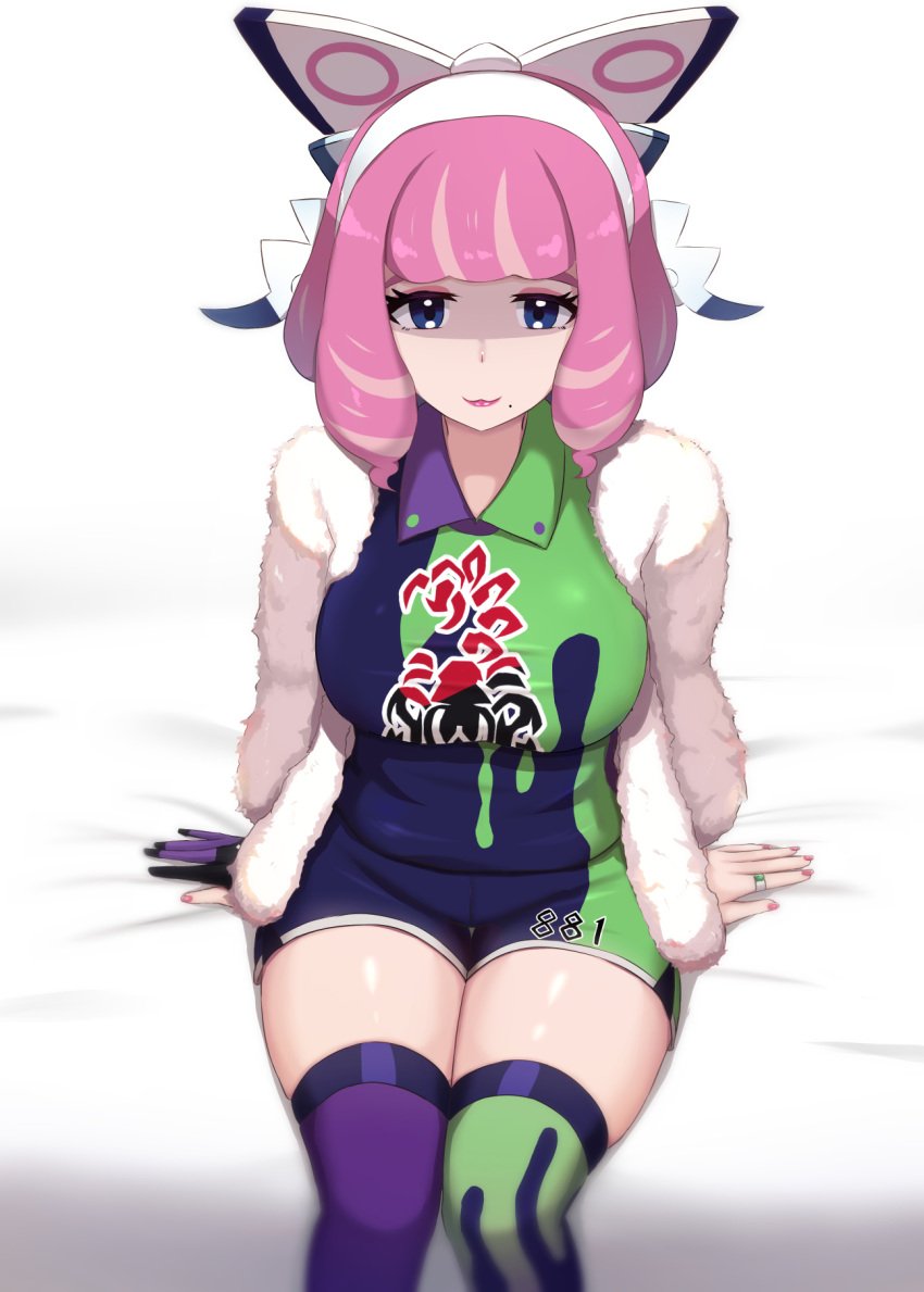 1girls female klara_(pokemon) kurara_(pokemon) looking_at_viewer pokemon pokemon_ss shidaidaka shorts sitting sitting_on_bed smile thick_thighs thighs uniform