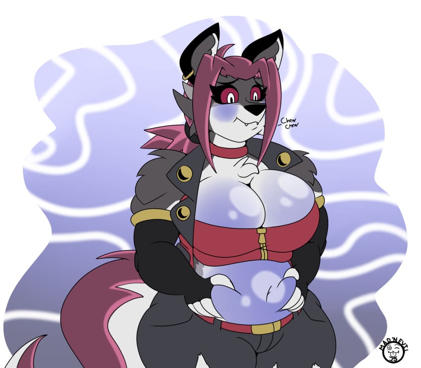 1female big_breasts blueberry_inflation breasts cleavage female female_only furry furry_female furry_only huge_breasts inflation mad_n_evil pink_hair red_eyes tagme