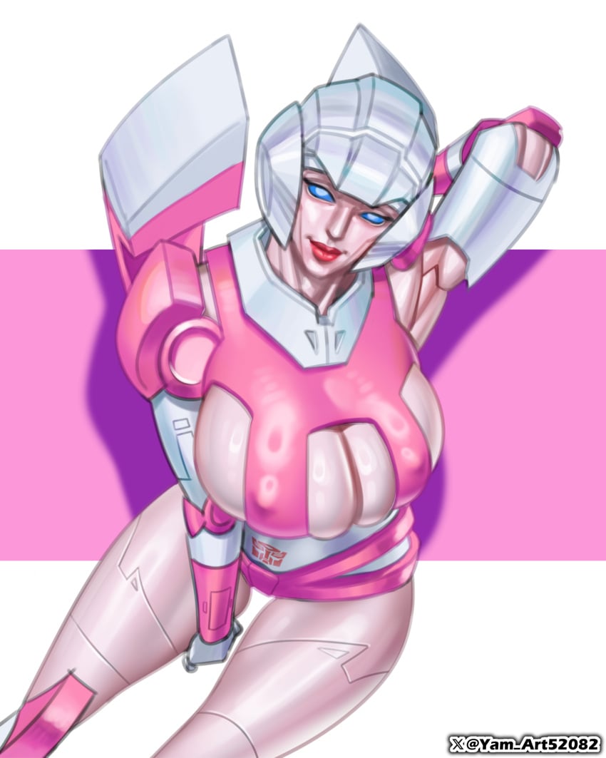 1girls arcee arcee_(g1) big_breasts blue_eyes breasts inner_sideboob nipple_bulge pink_panties red_lipstick robot robot_girl robot_humanoid transformers transformers_g1 yam_art