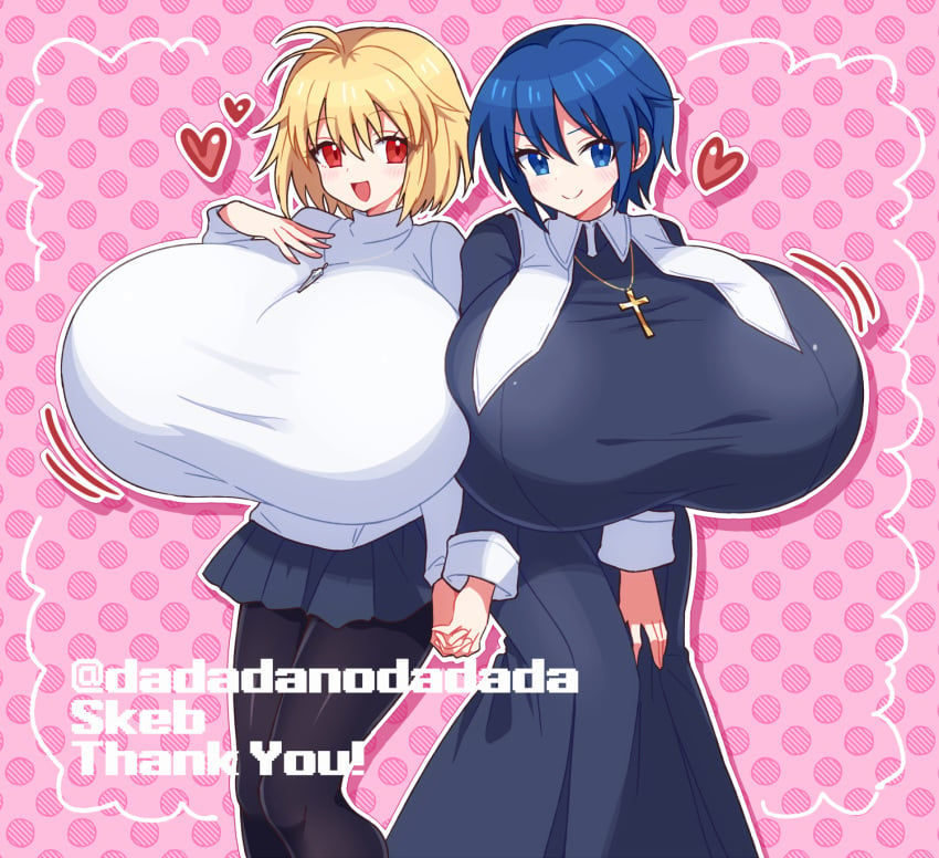 2girls ahoge arcueid_brunestud artist_name ass big_breasts blonde_hair blue_eyes blue_hair blue_skirt blush breast_bigger_than_head breast_docking breast_expansion breast_focus breast_squeeze breasts_bigger_than_body breasts_bigger_than_head breasts_bigger_than_torso ciel_(tsukihime) cross_necklace curvy curvy_figure dadadanoda docking dress enormous_breasts expansion gigantic_breasts girls_only happy heart heart_symbol huge_breasts hyper hyper_boobs hyper_breasts large_breasts looking_at_viewer necklace nun nun_outfit pantyhose pressing_breast_on_partner pressing_breasts pressing_breasts_together red_eyes short_hair skirt smile sweater thick_thighs tsukihime tsukihime_(remake) turtleneck_sweater white_sweater wide_hips