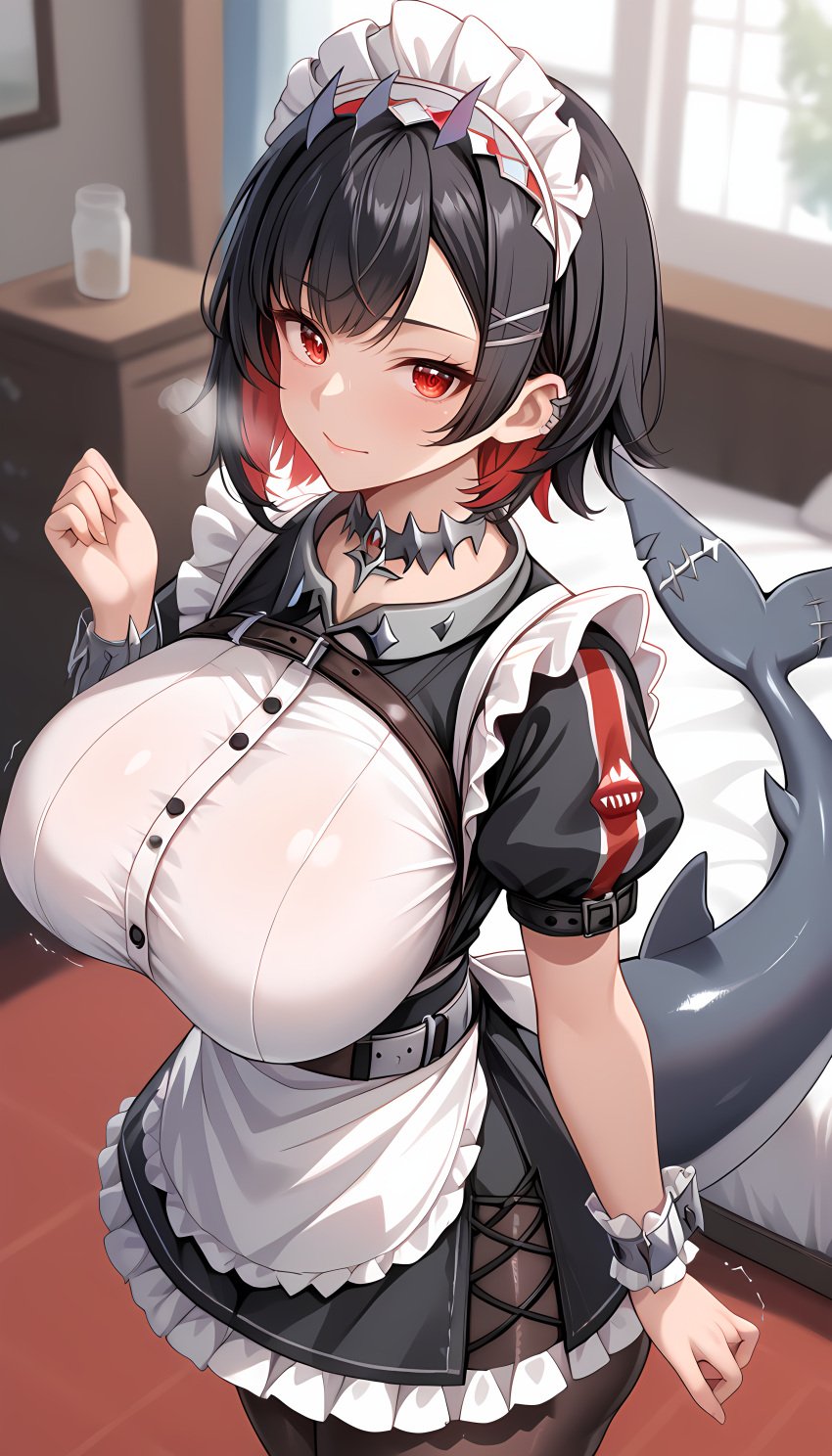 absurd_res absurdres ai_generated belt big_breasts big_breasts big_thighs breasts breasts breasts_bigger_than_head depth_of_field detailed_eyes earrings ellen_joe heavy_breathing high_resolution highres hoyoverse huge_breasts huge_breasts looking_at_viewer maid maid_headdress maid_uniform marivista massive_breasts massive_tits red_eyes seductive shark_tail short_hair stable_diffusion thighs trembling zenless_zone_zero