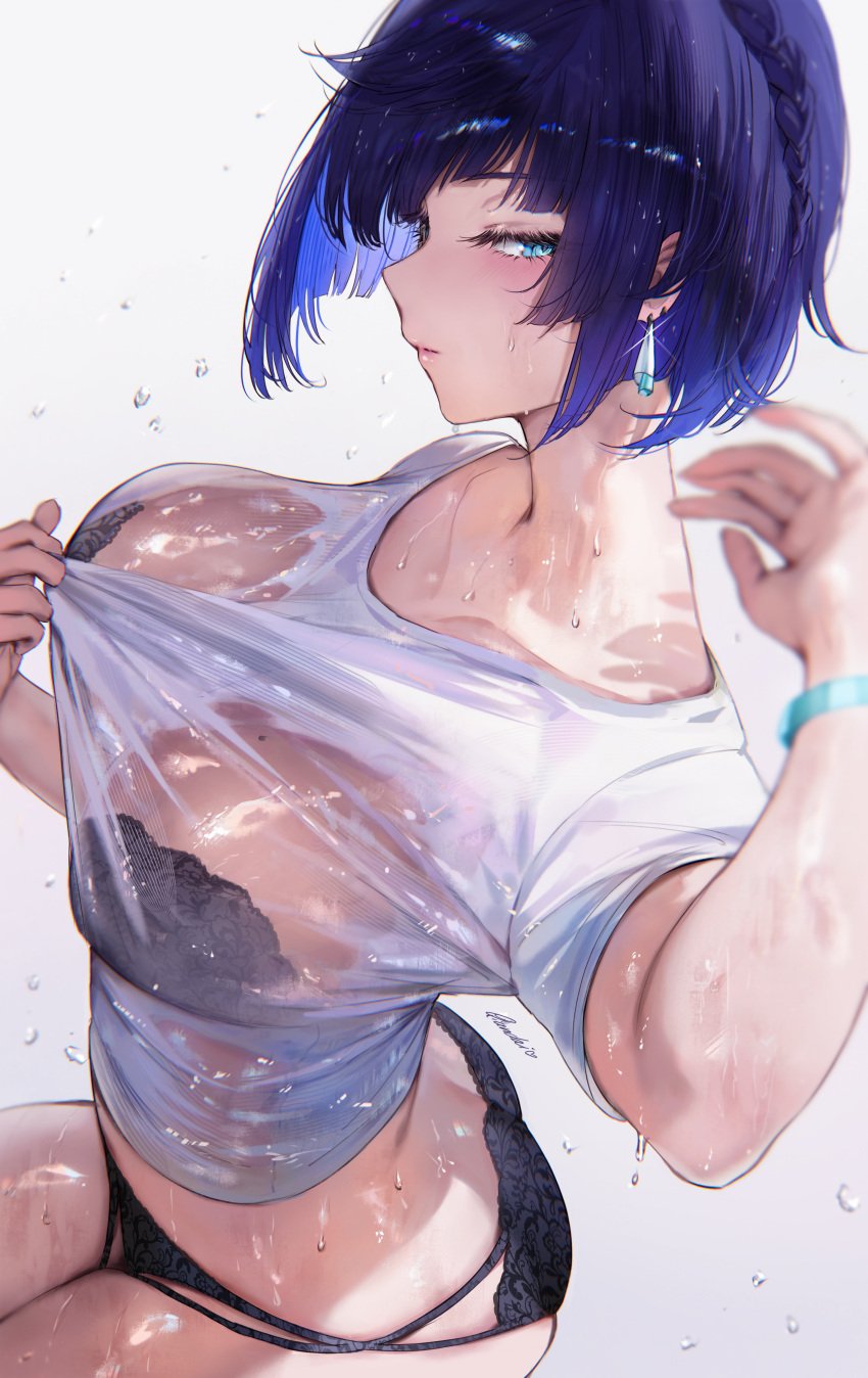 ass big_breasts black_hair blue_hair bob_cut genshin_impact hoyoverse lingerie looking_at_viewer qiandaiyiyu see-through see-through_panties tagme two_tone_hair wet wet_body wet_clothes yelan_(genshin_impact)