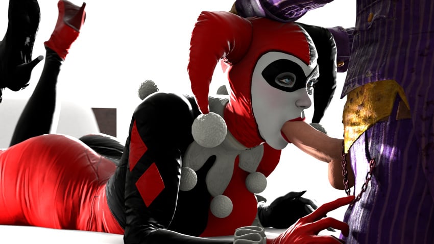 1boy 1girls 3d 3d_(artwork) ass balls batman:_arkham_knight batman_(series) blue_eyes bodysuit cap dc domino_mask facepaint facial_mark fellatio female fiestervino harley_quinn harley_quinn_(arkham) harley_quinn_(arkham_knight) harley_quinn_(classic) high_heels jester_cap joker male mask oral penis rocksteady_studios shoes source_filmmaker the_joker