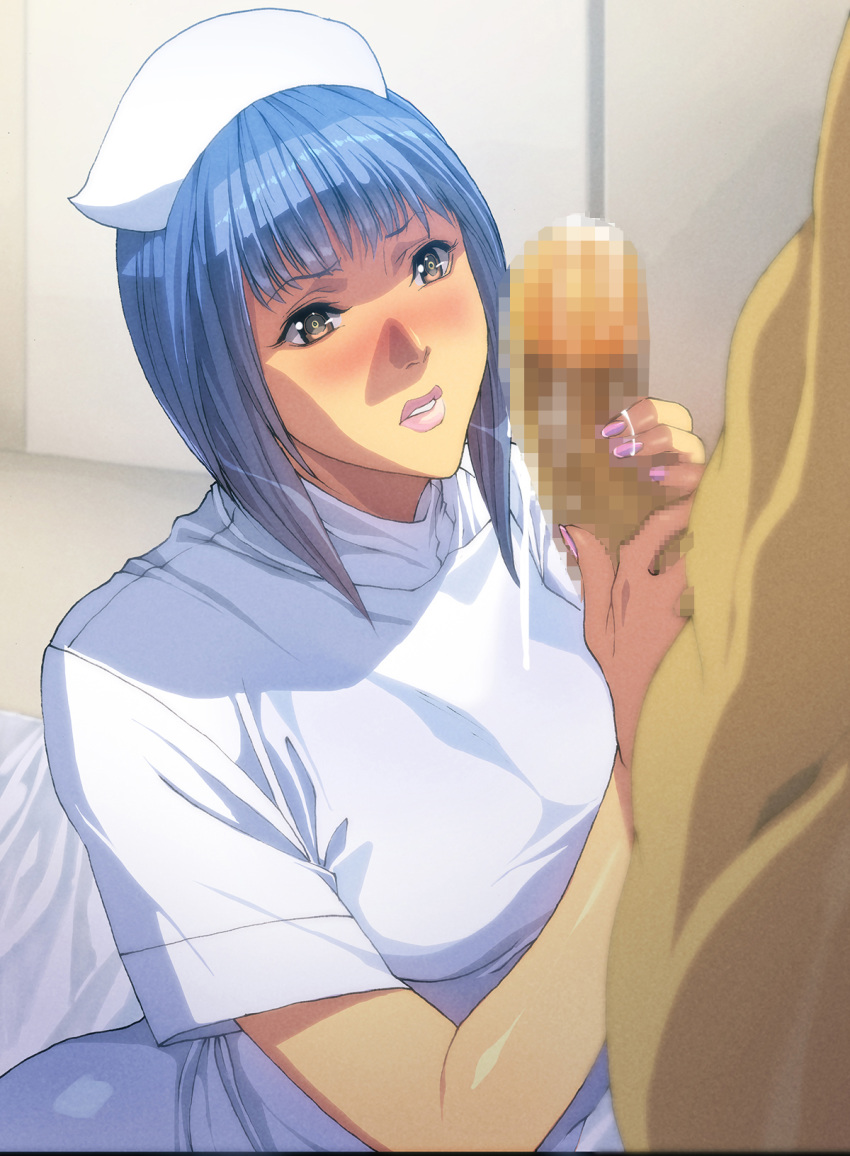 1boy blue_hair blush brown_eyes censored cum female hat highres homare_(fool's_art) imminent_sex lips nurse nurse_cap penis penis_grab short_hair straight