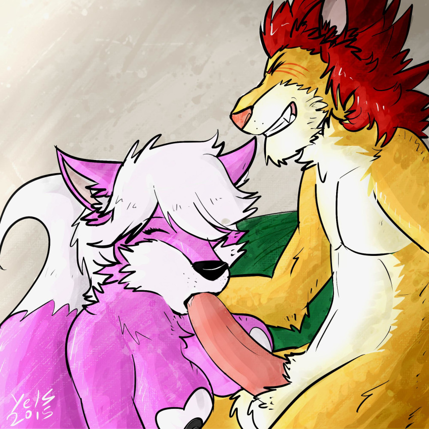 abstract_background anthro balls black_nipples breasts canine duo fellatio female fur grin hair heart male mammal nipples oral penis pink_fur red_hair sex straight white_hair wolf yellow_fur yelsarts_(artist) yuni_hermit