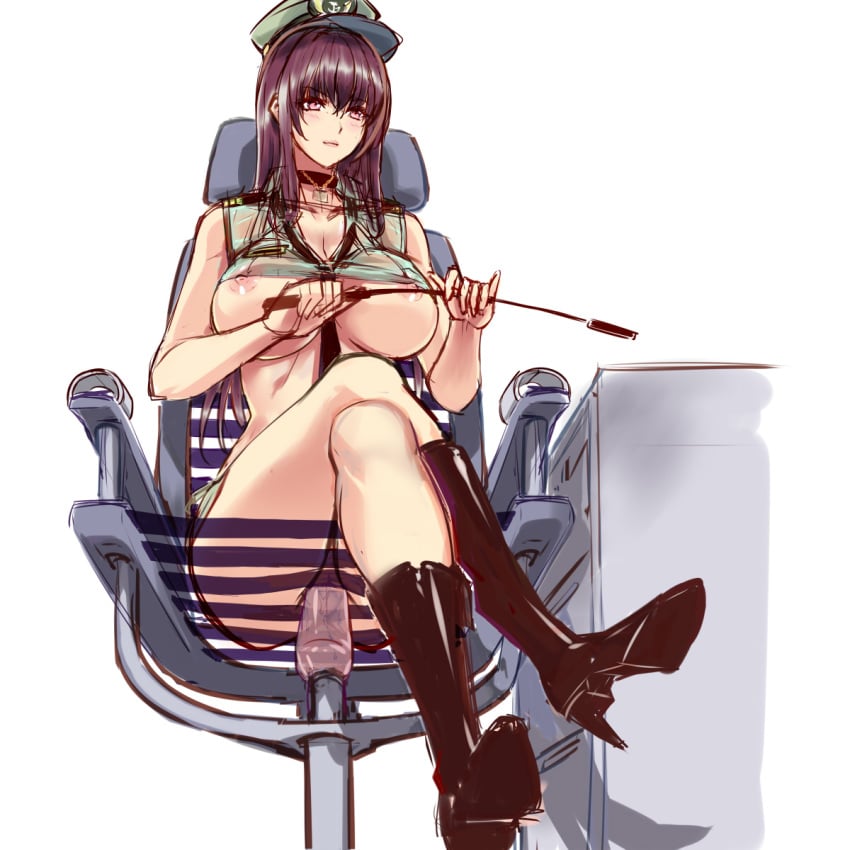 breasts chair dildo dildo_chair female female_masturbation hat highres masturbating masturbation nipples object_insertion penetration purple_eyes purple_hair pussy q_azieru riding_crop sitting sketch solo uncensored vaginal_object_insertion vaginal_penetration