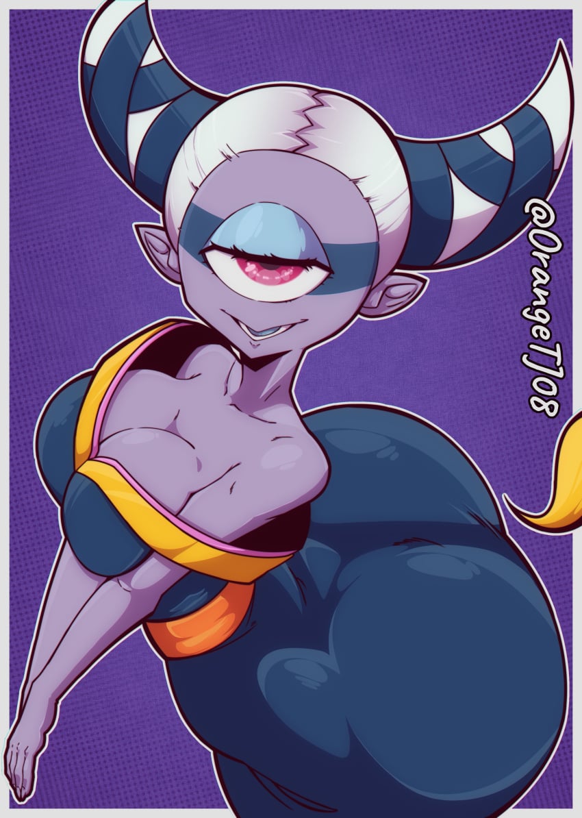 ass bare_shoulders breasts cleavage cyclops dress huge_ass insomni looking_at_viewer one_eye orange_thejuice pink_eyes pointy_ears pressing_breasts_together purple_body slim_waist tagme tied_hair tight_clothing viewed_from_above white_hair wide_hips yo-kai_watch