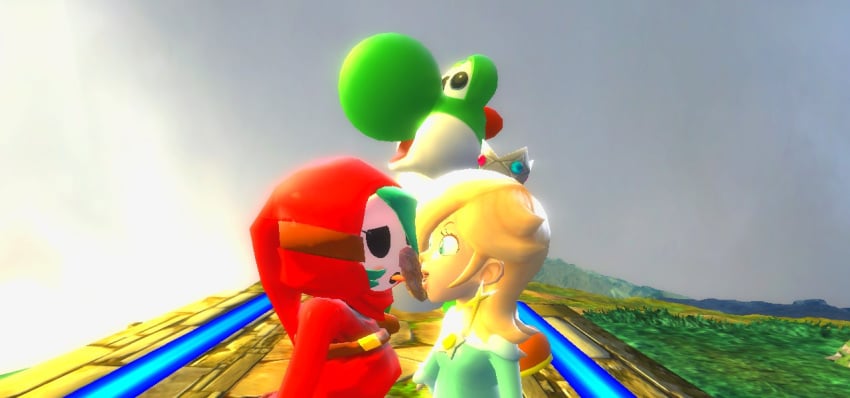 1boy 2girls 3d cowman female human male mario_(series) multiple_girls nintendo outdoors princess_rosalina rule_63 shy_gal straight yoshi