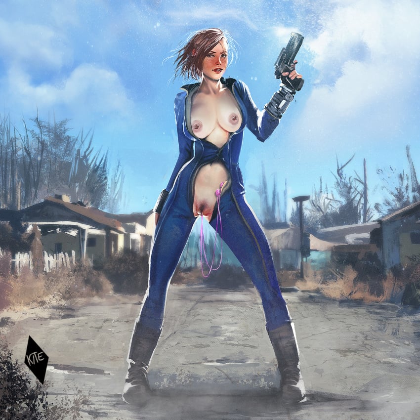 1girls bodysuit breasts brown_hair computer electronics exposed_breasts eye_scar fallout fallout_4 female female_only firearm freckles gun handgun jumpsuit large_breasts nipple_piercing nipples open_clothes outdoors piercing pip-boy pistol pubic_hair scar sex_toy short_hair sole_survivor solo standing thekite vault_girl vault_suit vibrator weapon wristwear zipper