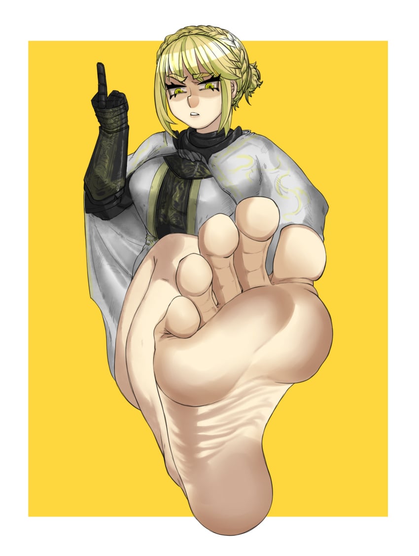 2d barefoot blonde_hair elden_ring feet female female_only flipping_off flipping_viewer_off foot_fetish fromsoftware middle_finger needle_knight_leda pov shadow_of_the_erdtree soles