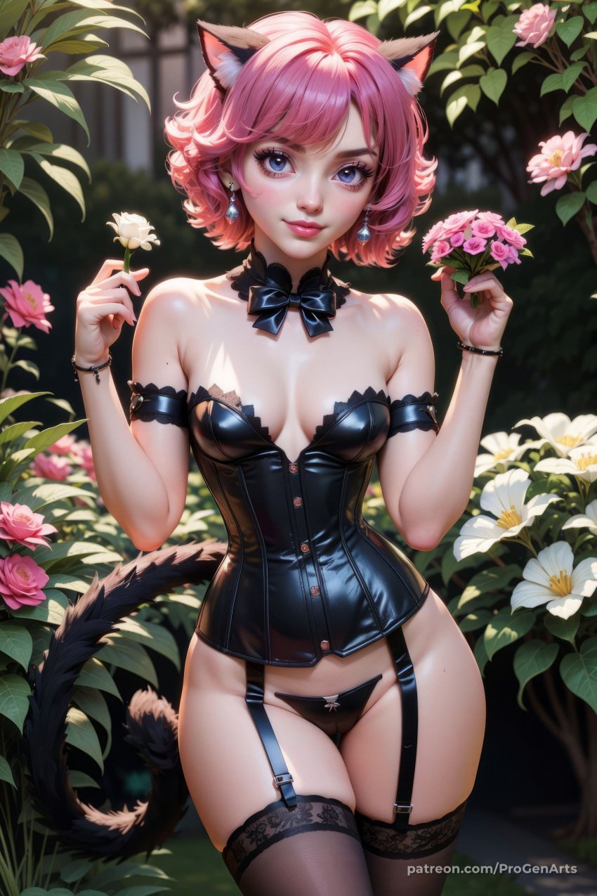 1girls ai_generated animal_ear_fluff animal_ears artist_name bare_shoulders black_bow black_bowtie black_panties black_thighhighs blue_eyes bow bowtie bracelet breasts bustier cat_ears cat_girl cat_tail cleavage corset cowboy_shot detached_collar earrings flower garter_straps hands_up hi_res holding holding_flower ichigo_momomiya jewelry lips looking_at_viewer medium_breasts mew_ichigo mole mole_on_thigh outdoors panties pink_flower pink_hair progenarts short_hair small_breasts smile solo standing strapless tail thigh_gap thighhighs tokyo_mew_mew underwear