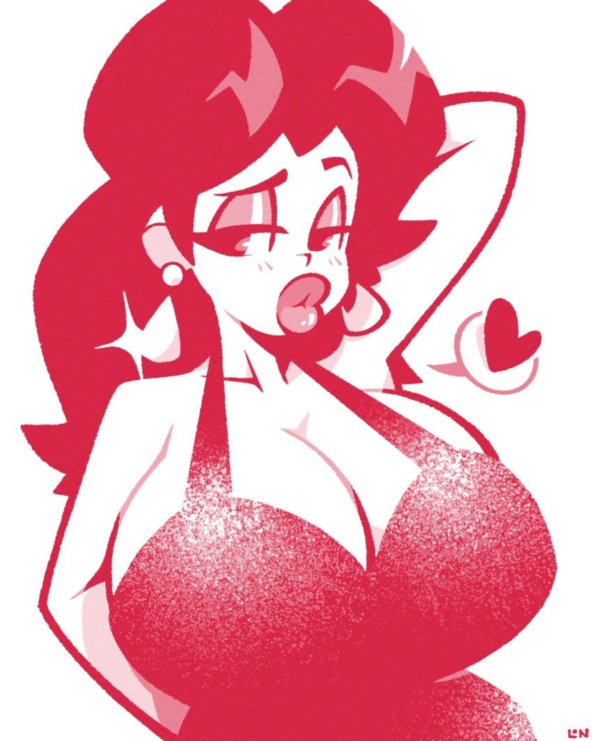 arm_behind_head big_lips breasts clothing dress earrings heart huge_breasts huge_lips legendofnerd lips long_hair looking_at_viewer mario_(series) monochrome nintendo pauline pauline_(mario) red red_clothing tagme