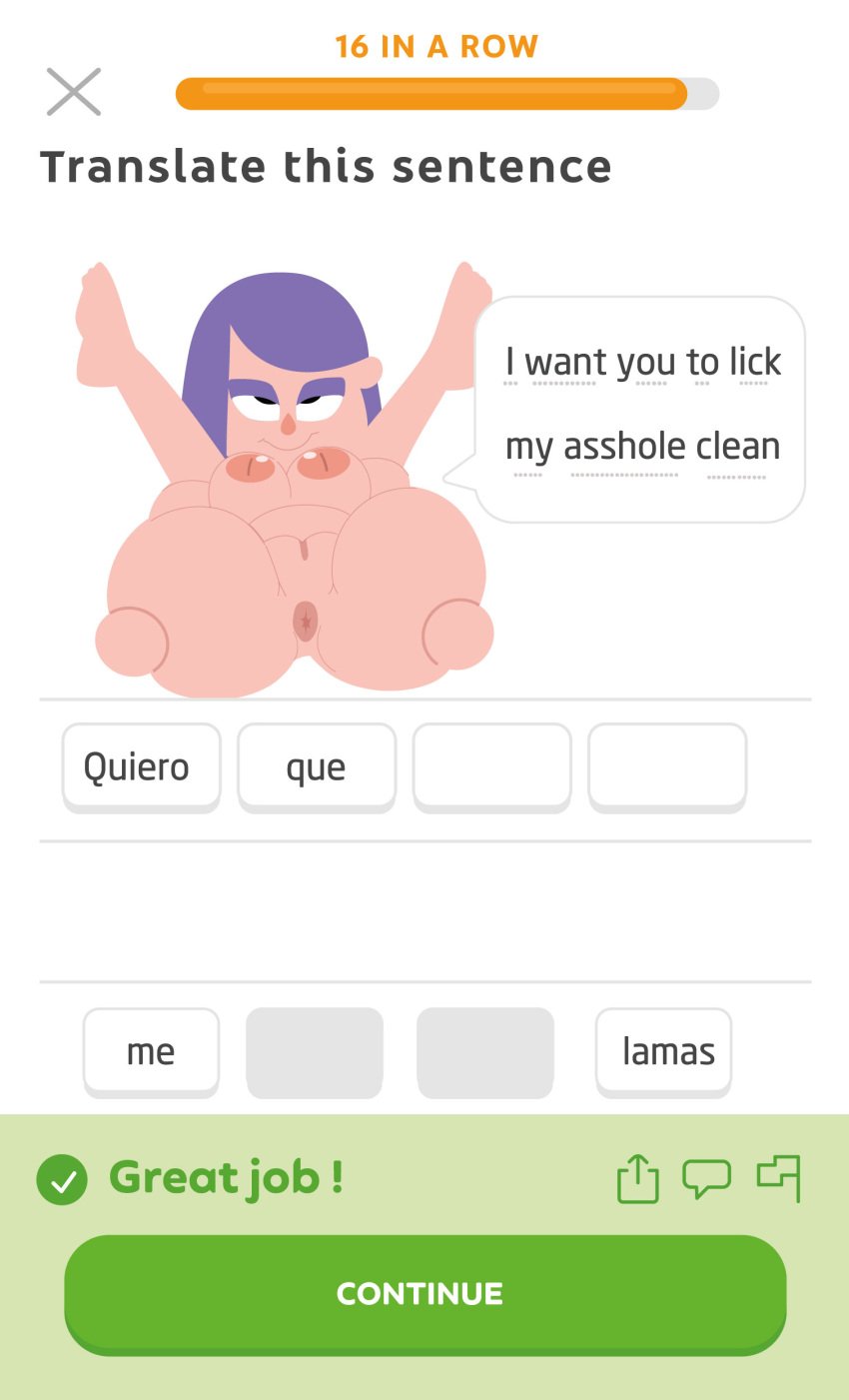 anus ass breasts do_your_lesson duolingo english_language english_text female folded gosgoz large_breasts legs_over_head lily_(duolingo) looking_at_viewer makeup nipples nude purple_hair solo spanish_text spread_legs text thick_eyebrows vagina