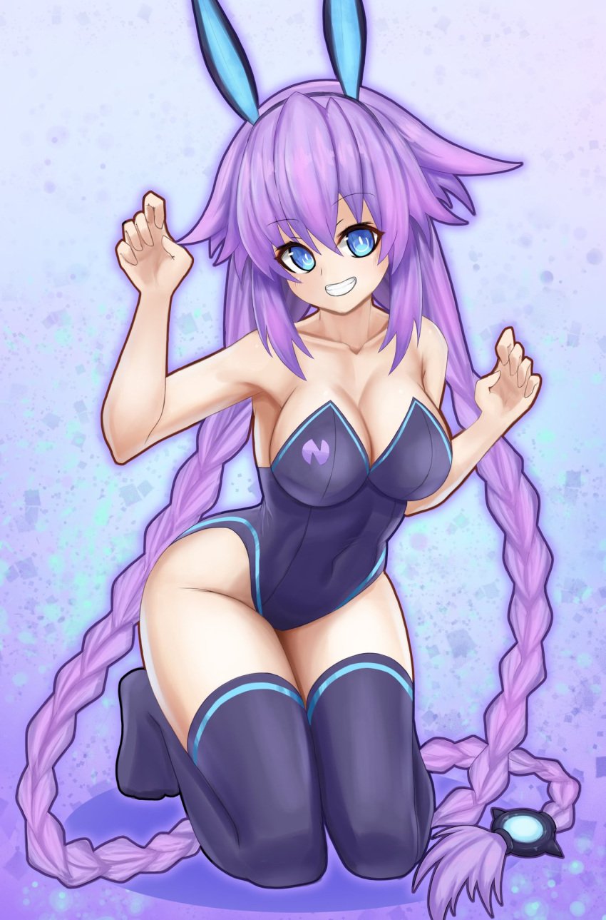 1girls bare_shoulders best_girl blue_eyes braided_hair braided_twintails breasts cleavage compile_heart female female_only goddess hair_braids idea_factory large_breasts long_hair neptune_(neptunia) neptunia_(series) nerosynt on_knees pale-skinned_female pale_skin playboy_bunny power_symbol-shaped_pupils purple_hair purple_heart_(neptunia) thick_thighs thigh_highs wide_hips