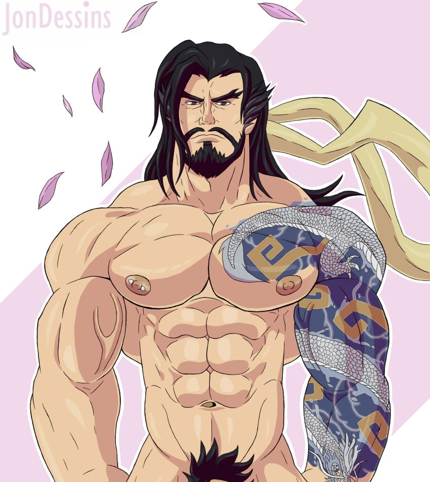 bara beard facial_hair hanzo jondessins male male_only muscles muscular nude overwatch penis solo solo_male tattoo tattooed_arm